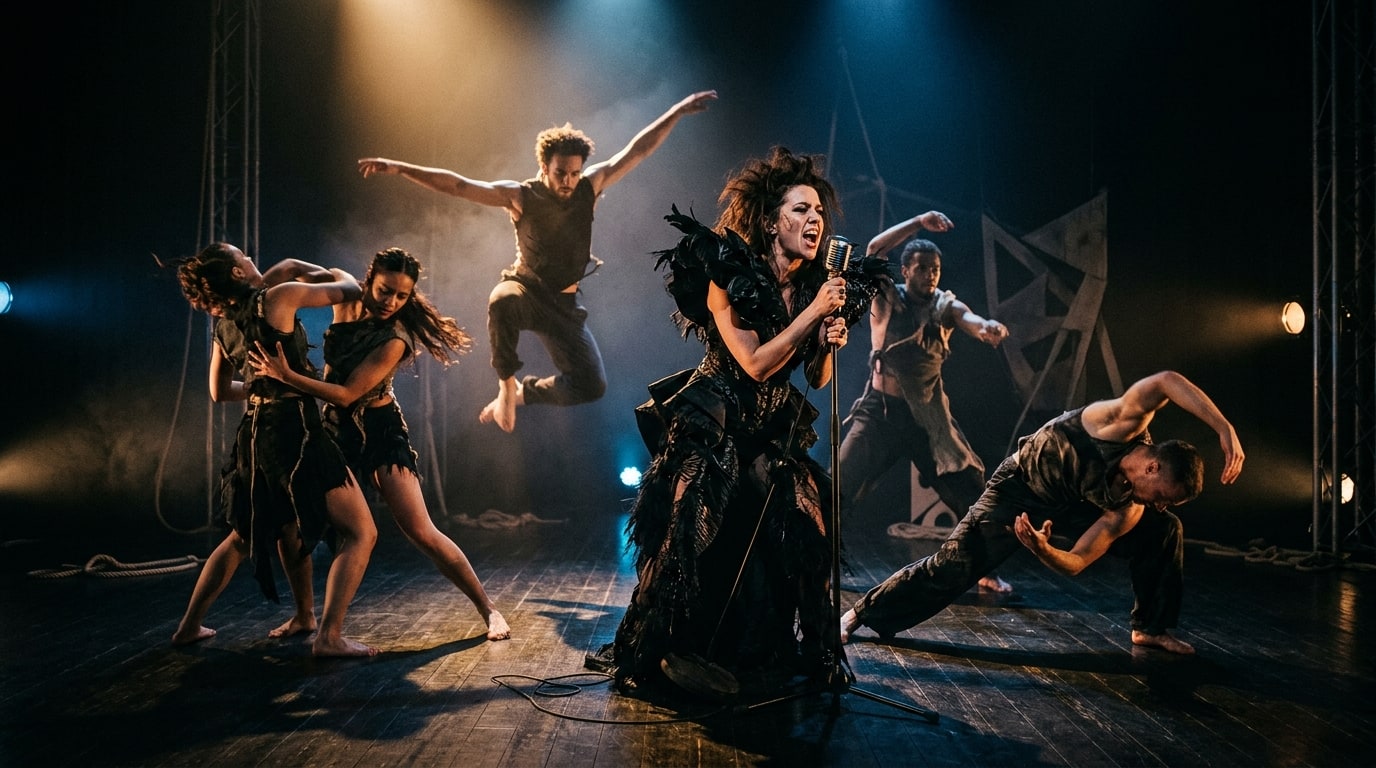 Art-pop singer performing at a standing microphone surrounded by dynamic contemporary dancers under theatrical stage spotlights.