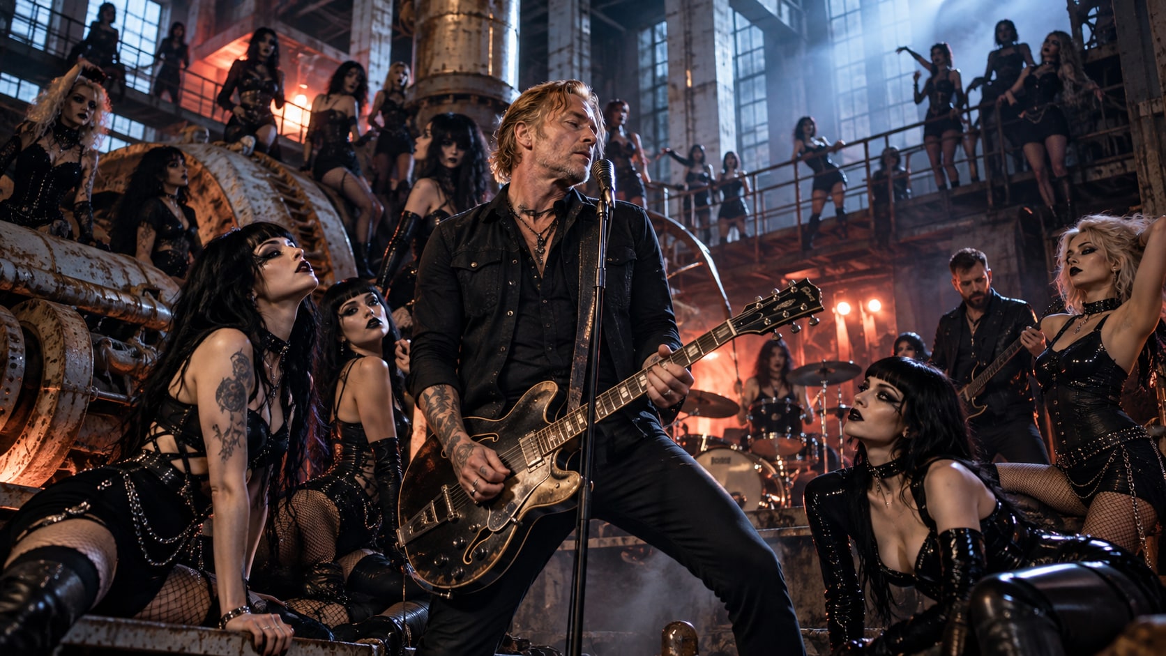 Josh Homme performing with an electric guitar in an industrial power plant surrounded by goth musicians.