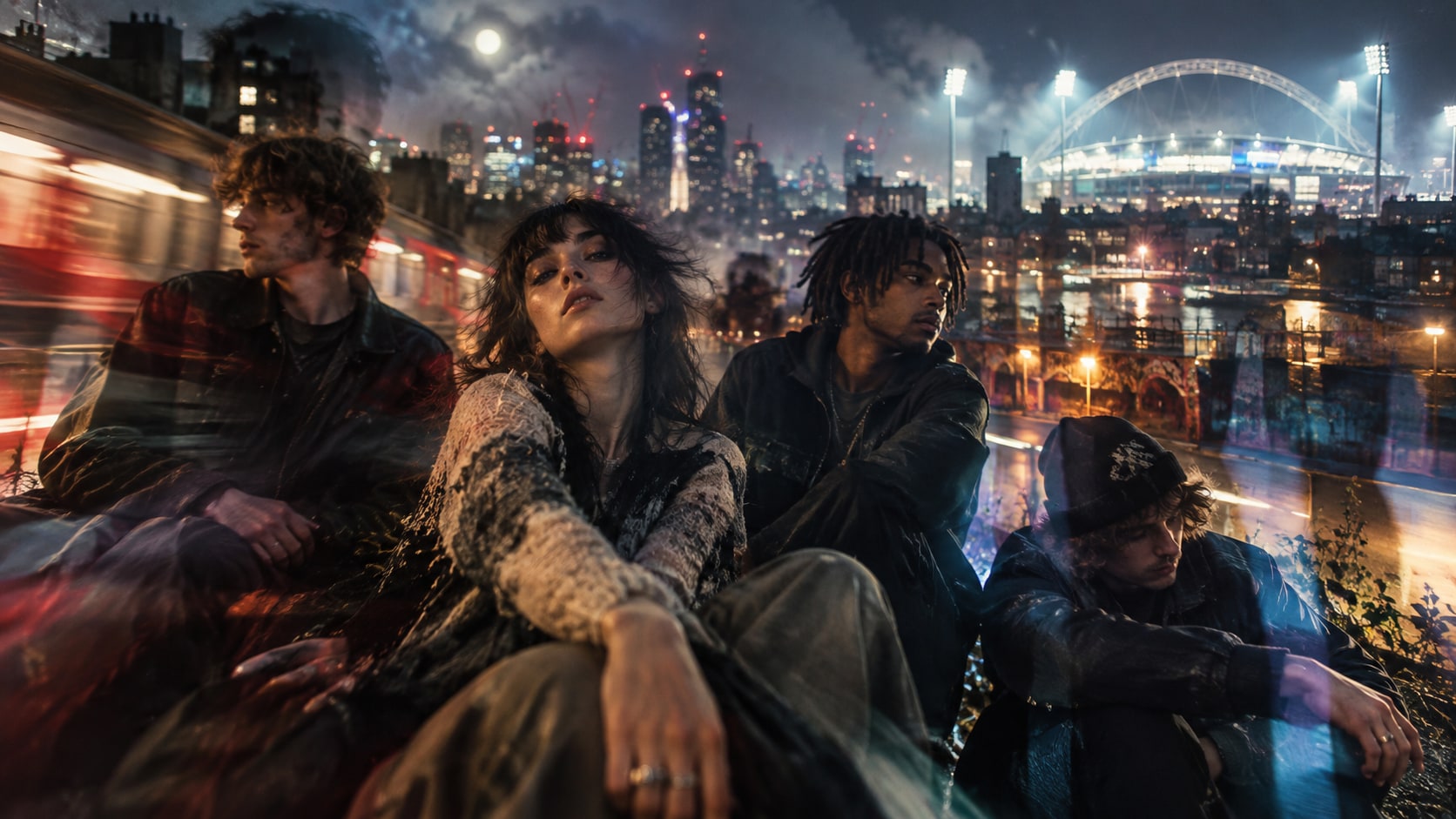 London quartet RIP Magic sitting on an urban rooftop overlooking illuminated stadium floodlights and night skyline.