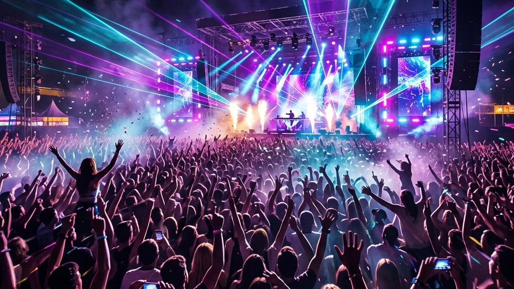 Energetic crowd cheering at an independent music festival concert stage with laser beams, stage lighting, and confetti.