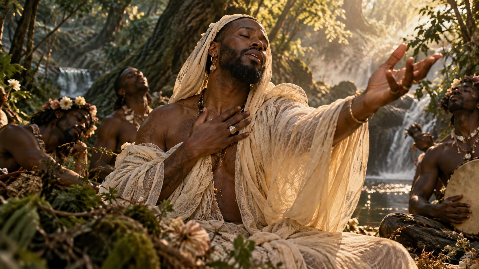 serpentwithfeet singing in a lush forest clearing draped in flowing cream fabric with floral adornments.