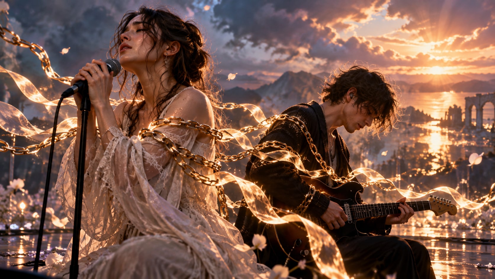 Hannah Georgas and Lyn Heinemann performing together against a golden sunset backdrop wrapped in luminous chain motifs.