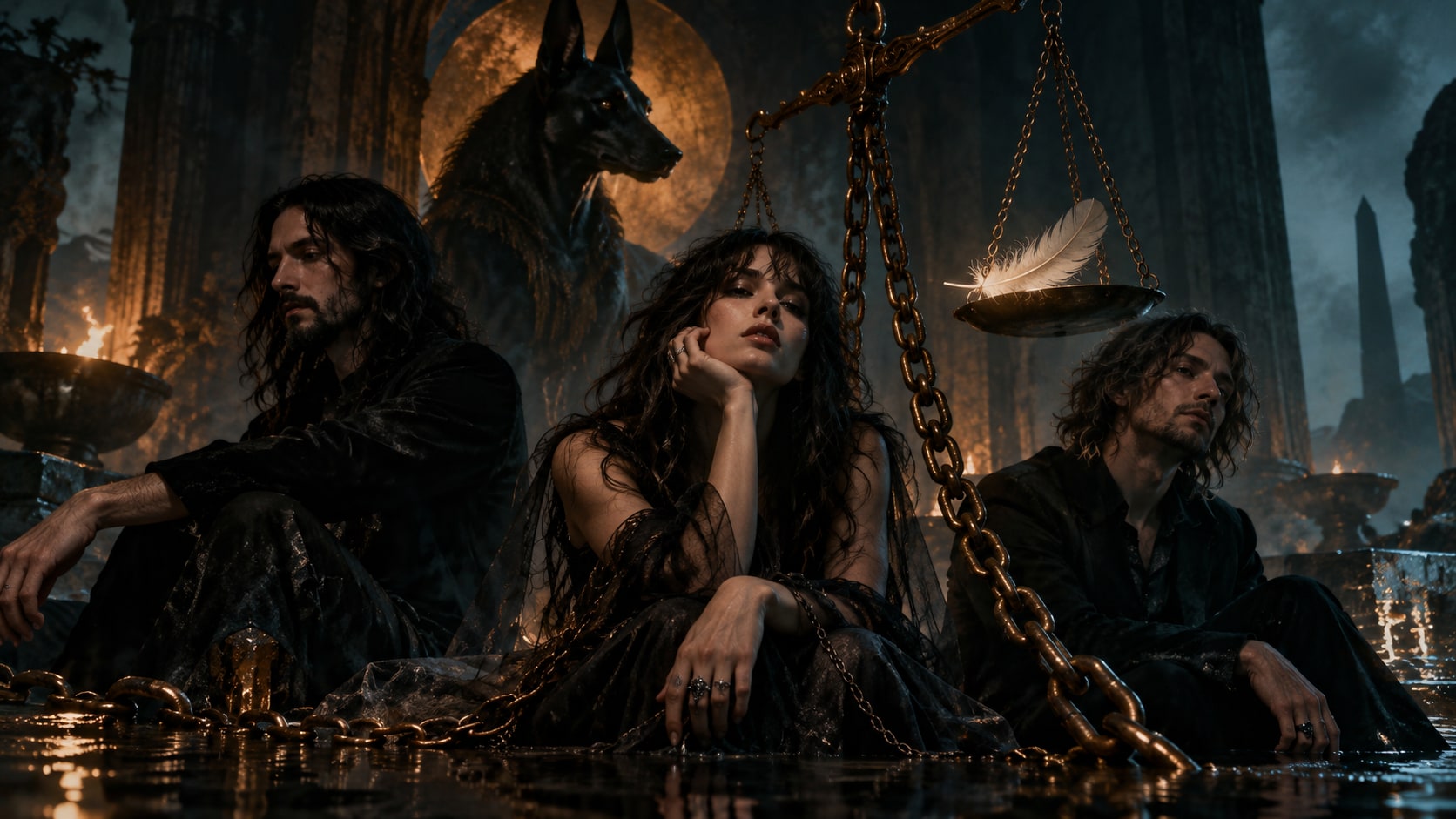 Band members of Sour Widows seated near heavy golden chains and scales under moody ancient architecture.