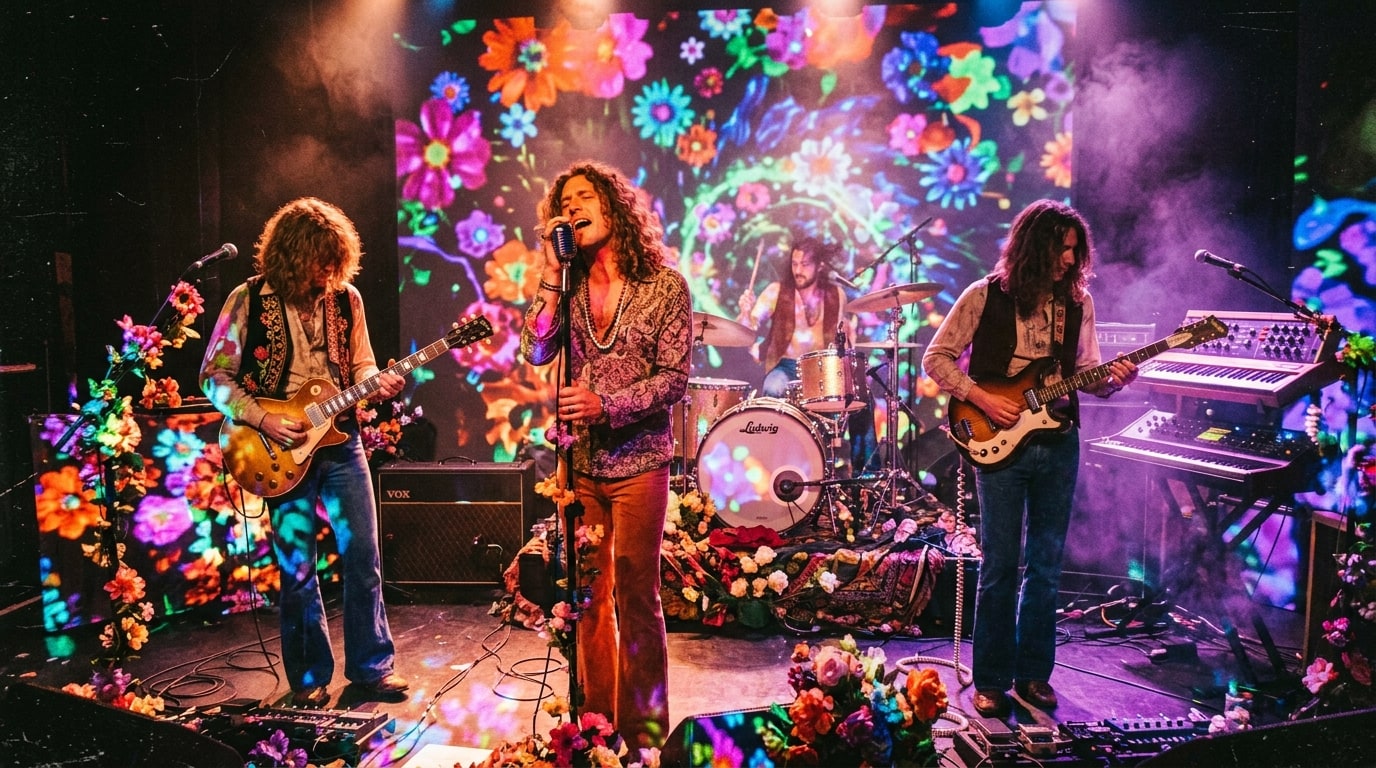 Psychedelic art-rock band performing live surrounded by vibrant floral lighting projections and vintage instruments.