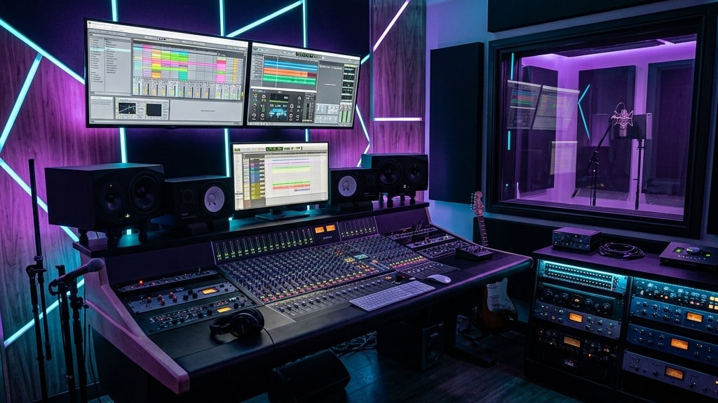 Atmospheric professional recording studio control room with mixing console, monitors, and live room visible through acoustic glass.