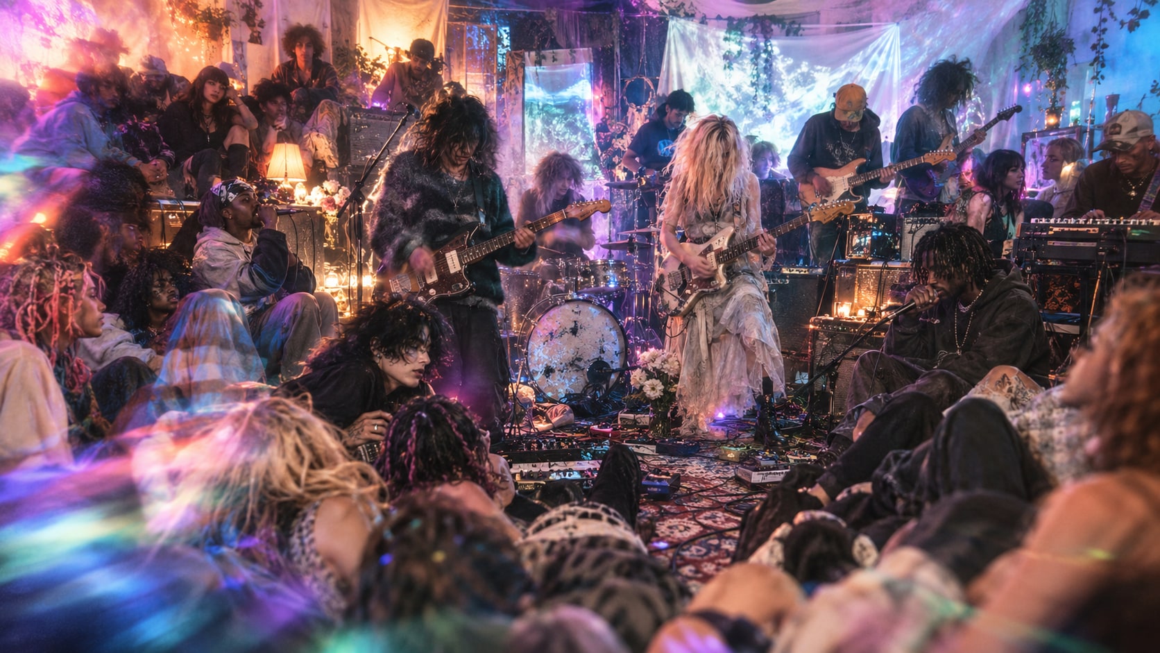 DIY shoegaze musicians and friends gathered in a crowded room with guitars, amplifiers, and colorful lighting.
