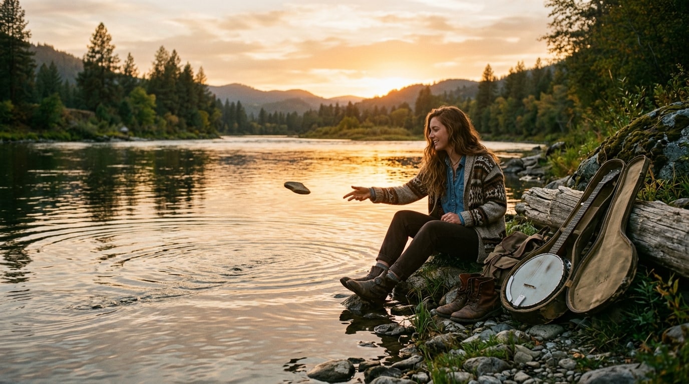 Indie folk musician sitting beside a sunlit riverbank skipping stones across water with banjo resting nearby.