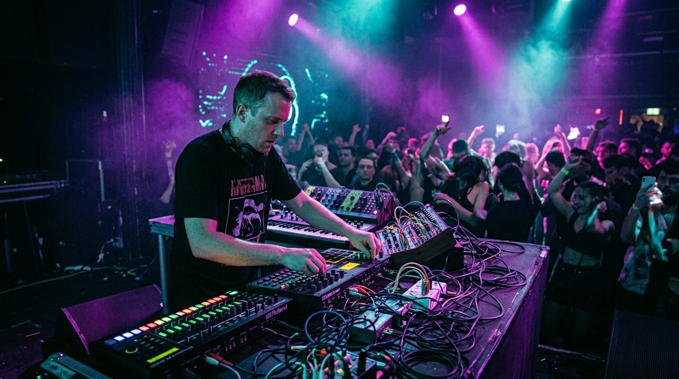 Electronic music producer performing live on synthesizers and sequencers in a club with purple and cyan stage lights.