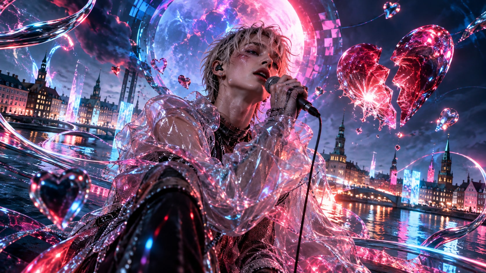 Avant-pop artist Yangze singing into a microphone amidst glowing pink and cyan neon lights over Copenhagen waterways.