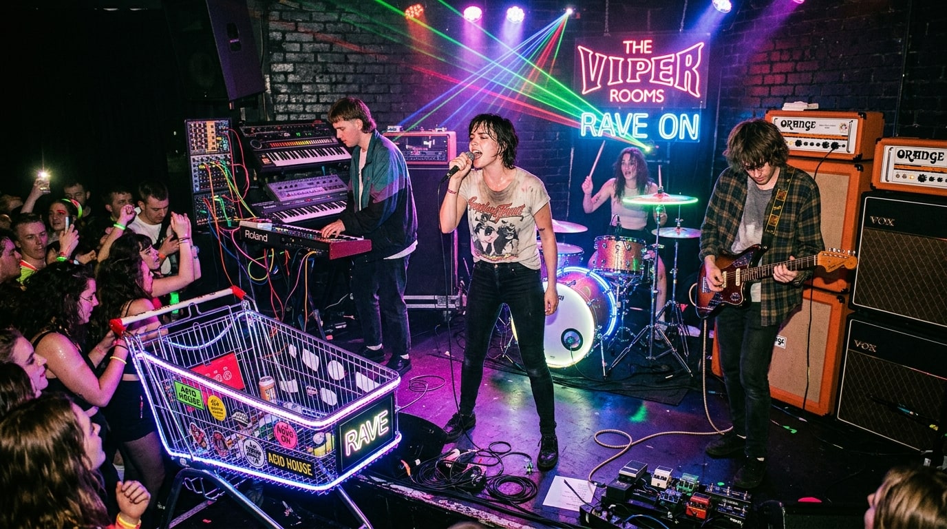 Leeds indie-dance six-piece Adult DVD performing live in a rave club with neon laser lights, synthesizers, and an acid-house shopping trolley.