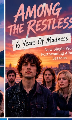 Melbourne rock group Among The Restless standing together against a warm sunset city skyline.
