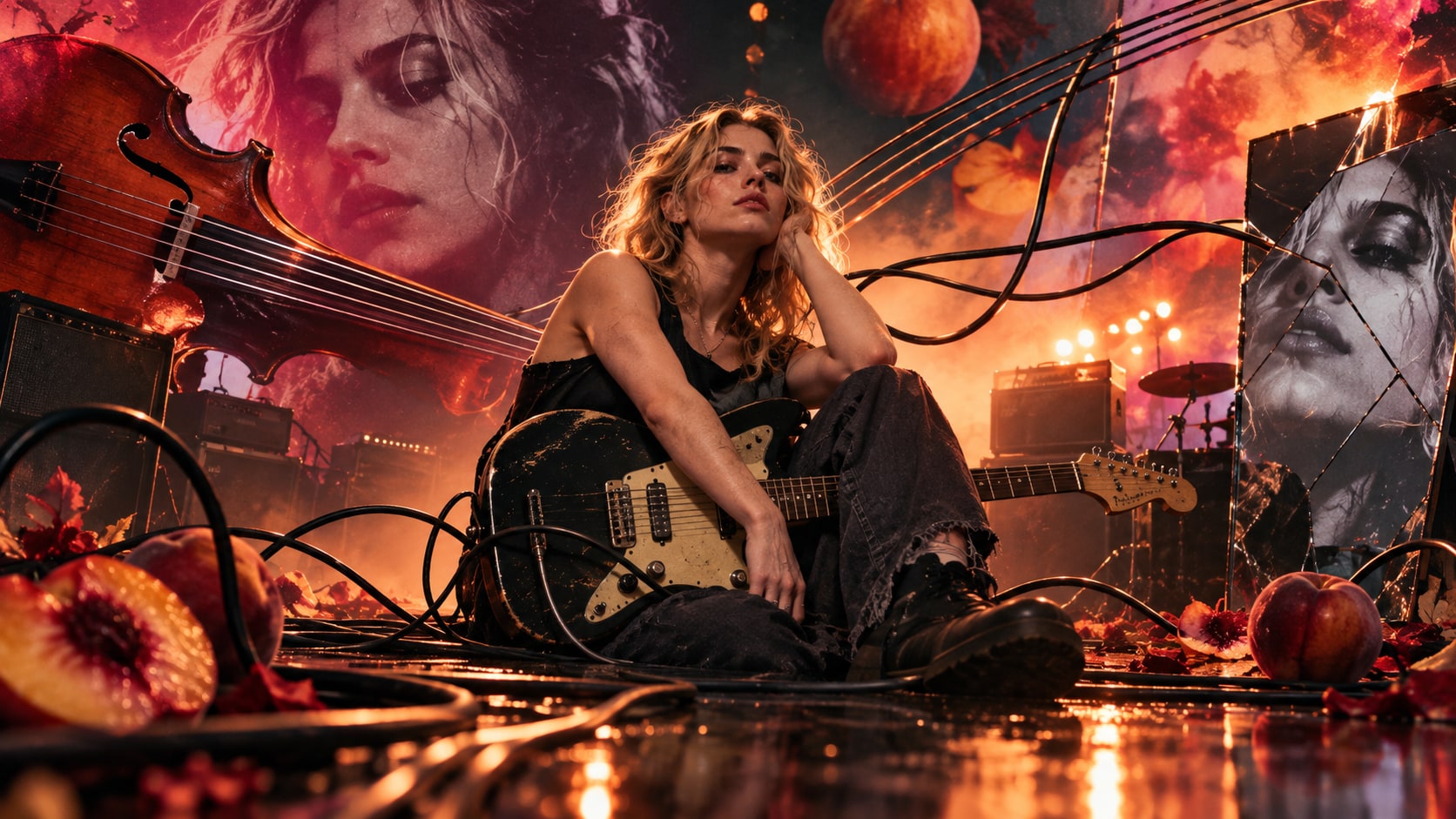 Blondshell's Sabrina Teitelbaum sitting with an electric guitar amidst cut fruit and glowing stage lighting.