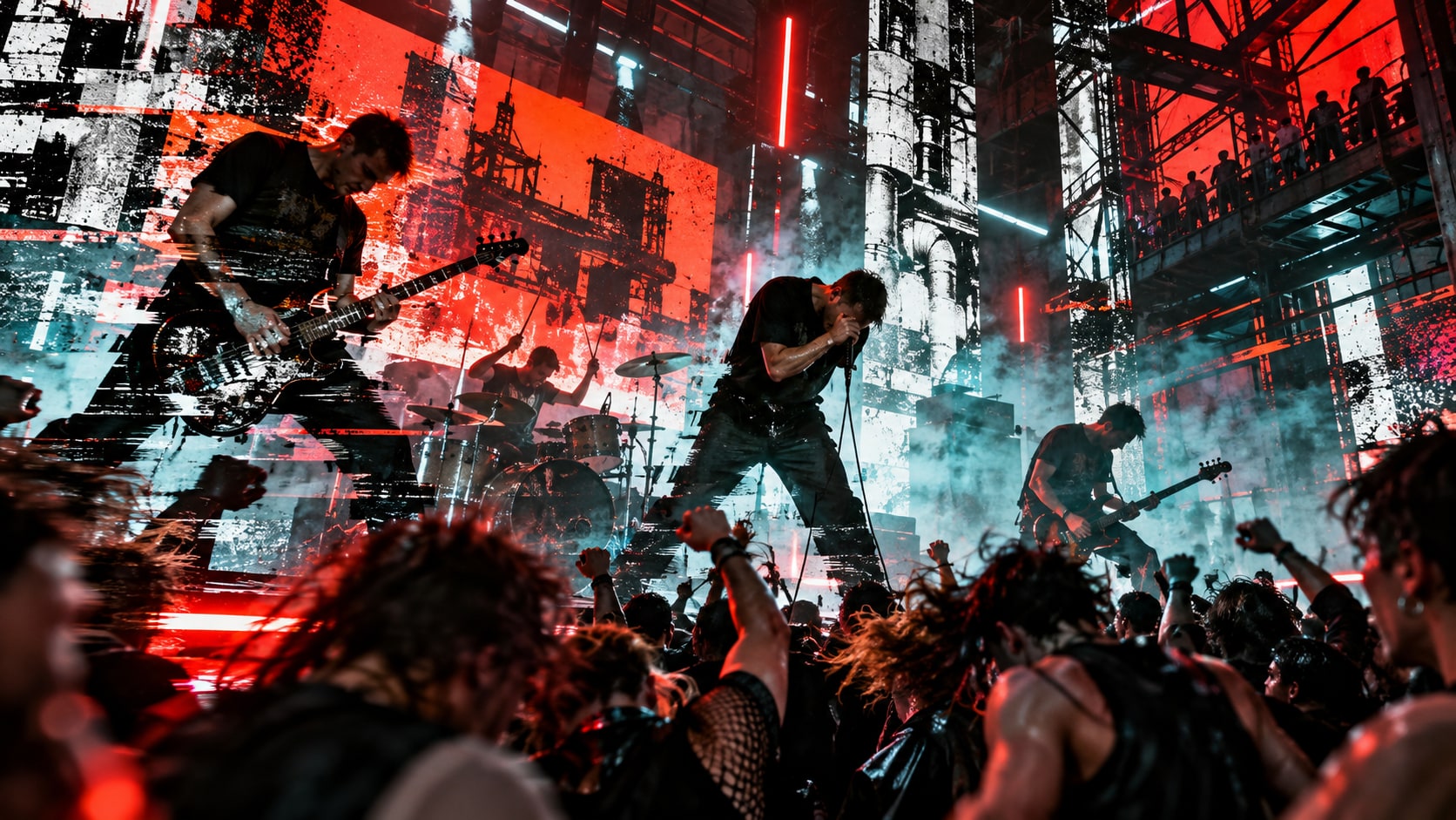 Gilla Band performing live with intense energy on an industrial stage with strobes and cheering crowd.