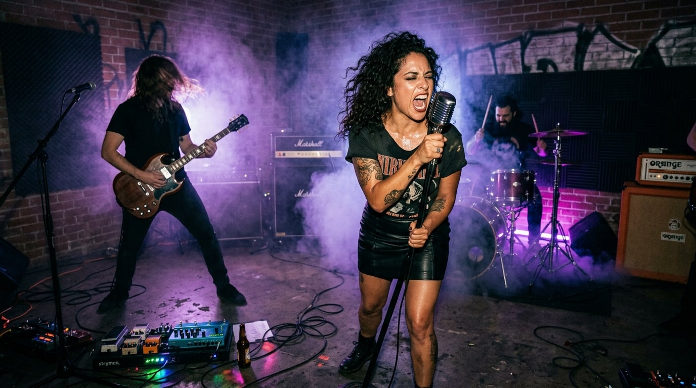 Los Angeles post-hardcore band Ha•zel delivering an intense, passionate performance in a moody rehearsal warehouse with stage lighting.