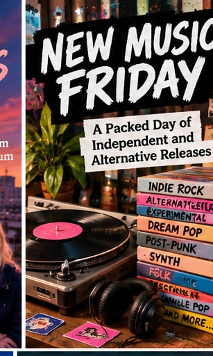 Vinyl turntable playing a record next to headphones and stacked cassette tapes representing independent music genres for New Music Friday.