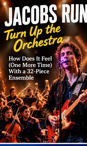 Lead guitarist of Jacobs Run performing live backed by a large thirty-two-piece orchestral string and brass ensemble under concert lighting.