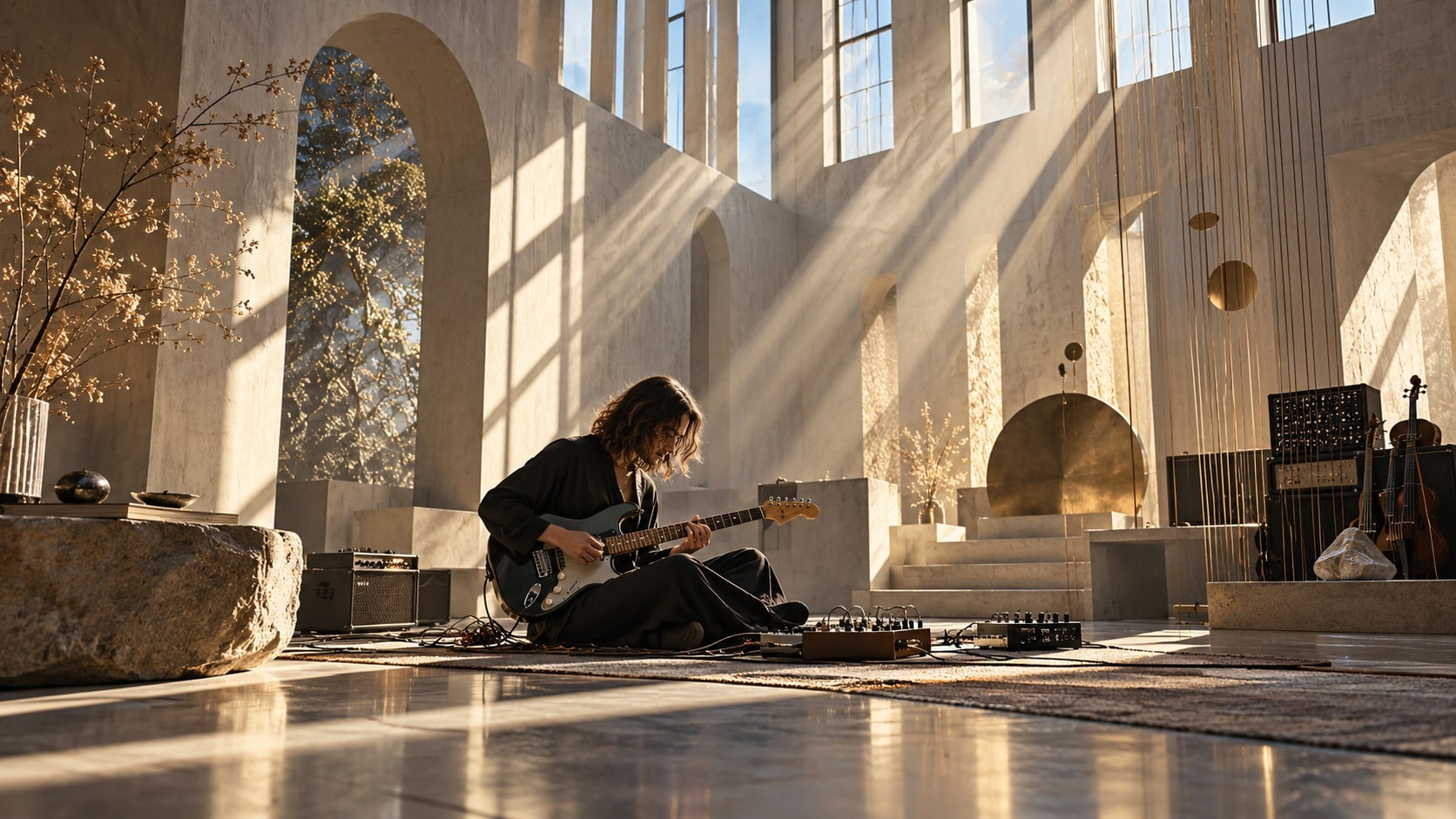 Guitarist Jules Reidy playing electric guitar seated in a cathedral-like hall illuminated by sunlight through high clerestory windows.