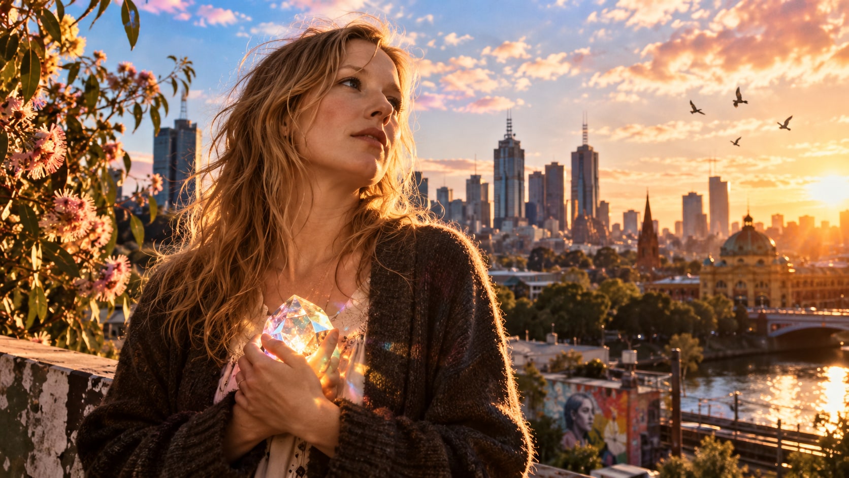 Julia Jacklin holding a glowing crystal against the Melbourne city skyline at sunset.