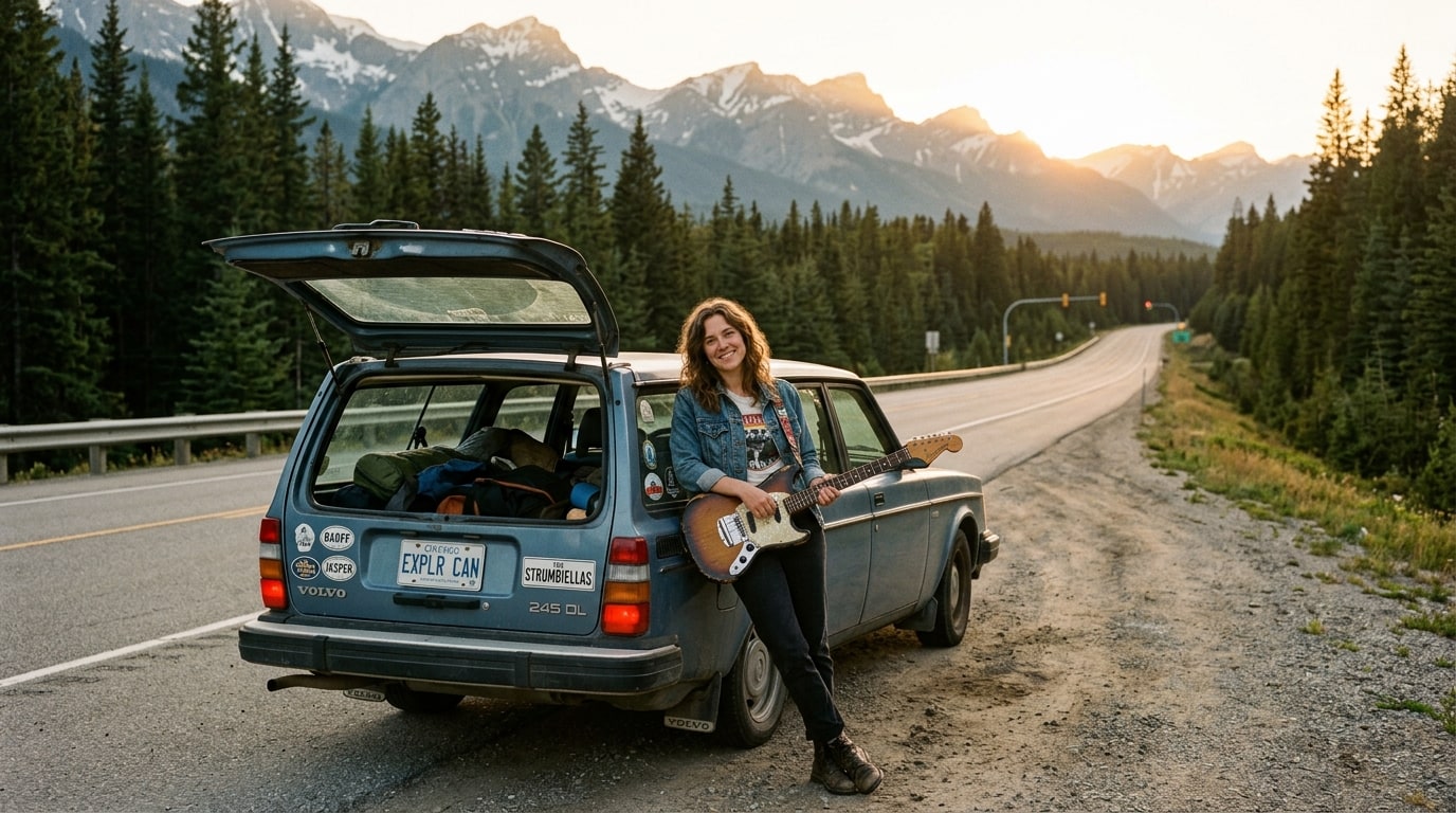 Lande Hekt smiling with an electric guitar leaning against a loaded tour station wagon on a Canadian mountain highway at sunset.