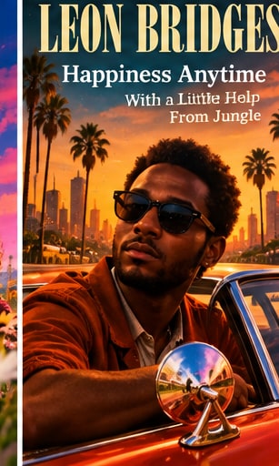 Leon Bridges in dark sunglasses leaning out of a vintage convertible cruising past palm trees against a golden sunset skyline.