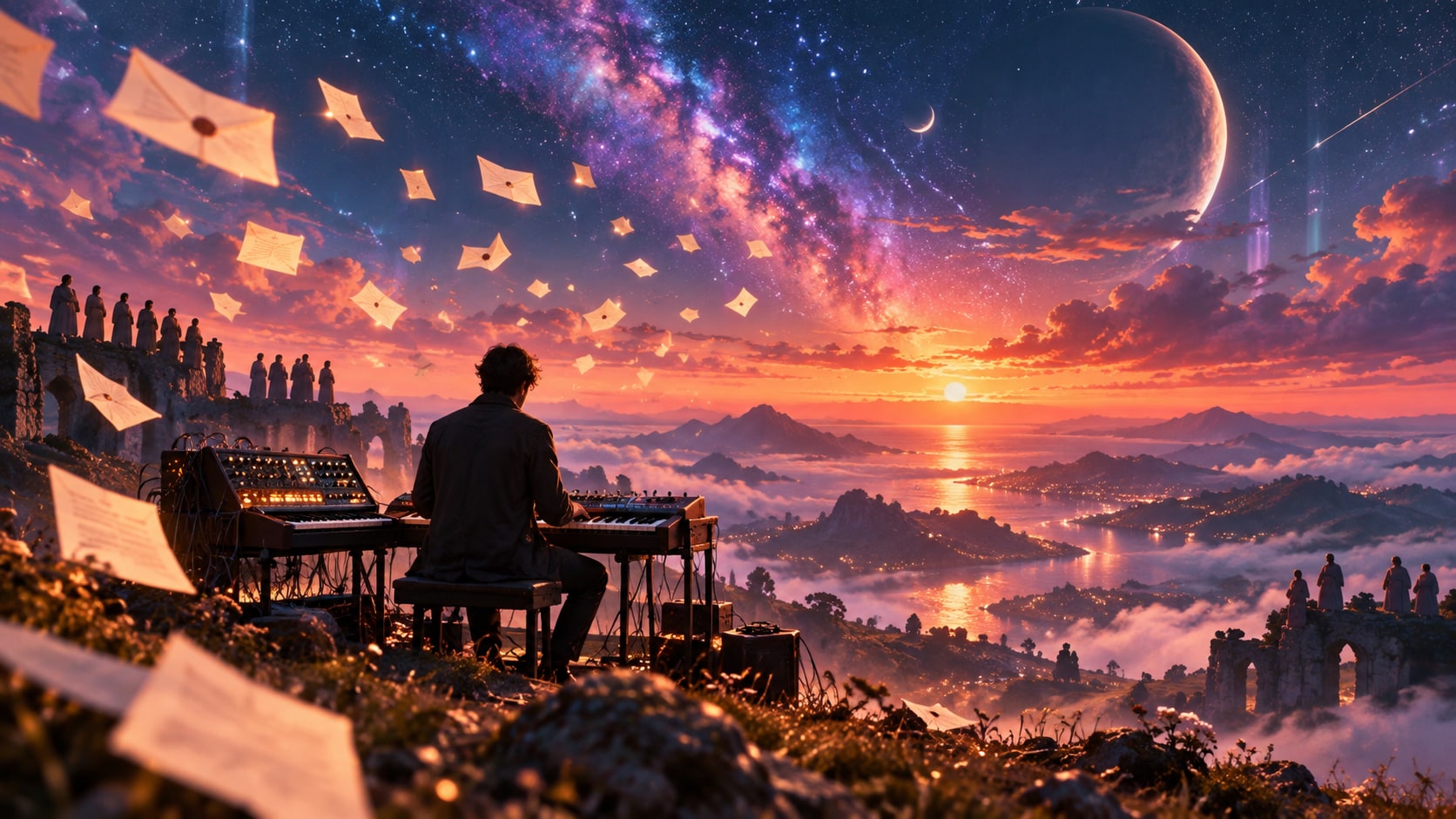 Anthony Gonzalez performing synthesizers on a mountain ridge with floating letters under a cosmic sunset.