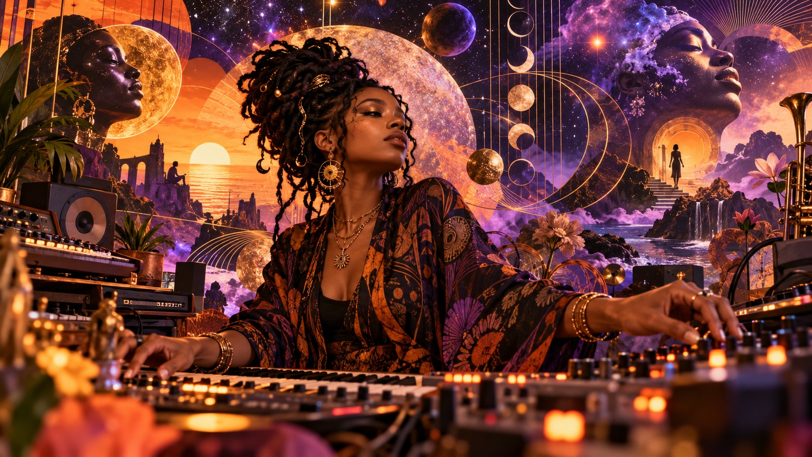 Producer and vocalist megiapa surrounded by synthesizers in a cosmic soul dreamscape with celestial art.