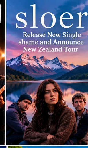 New Zealand alt-folk band sloer sitting beside an alpine lake in Wānaka with snowcapped mountain peaks in the background.
