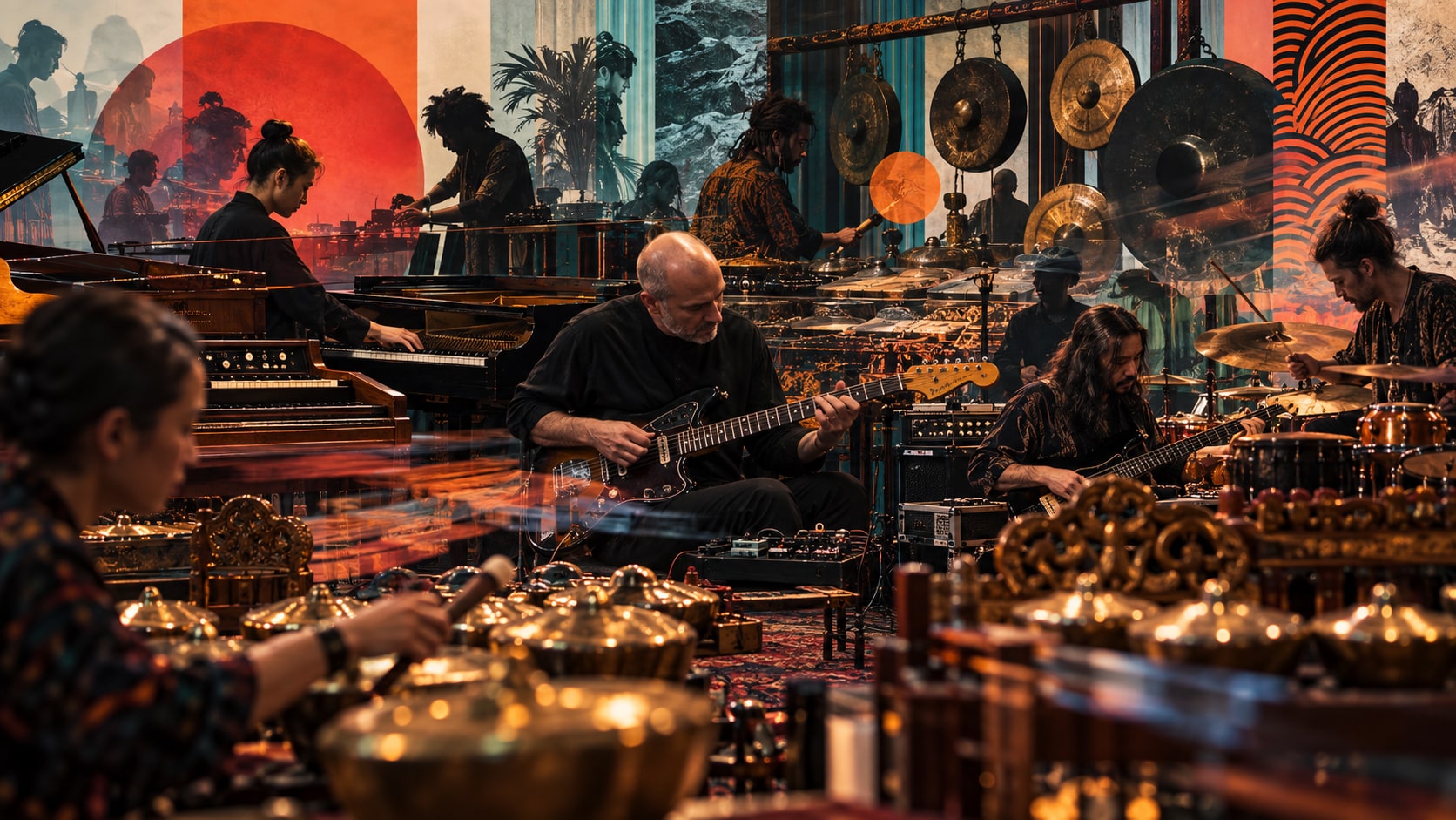Oren Ambarchi playing electric guitar surrounded by a collaborative ensemble with gamelan instruments, gongs, and grand piano.