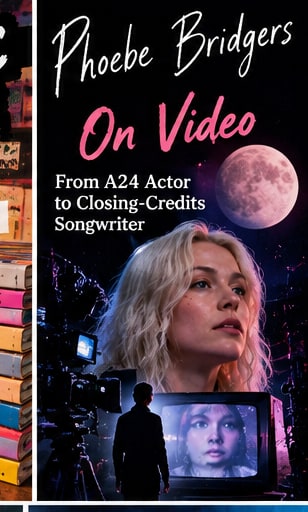 Phoebe Bridgers gazing upwards beside film cameras, a television monitor, and a luminous full moon.