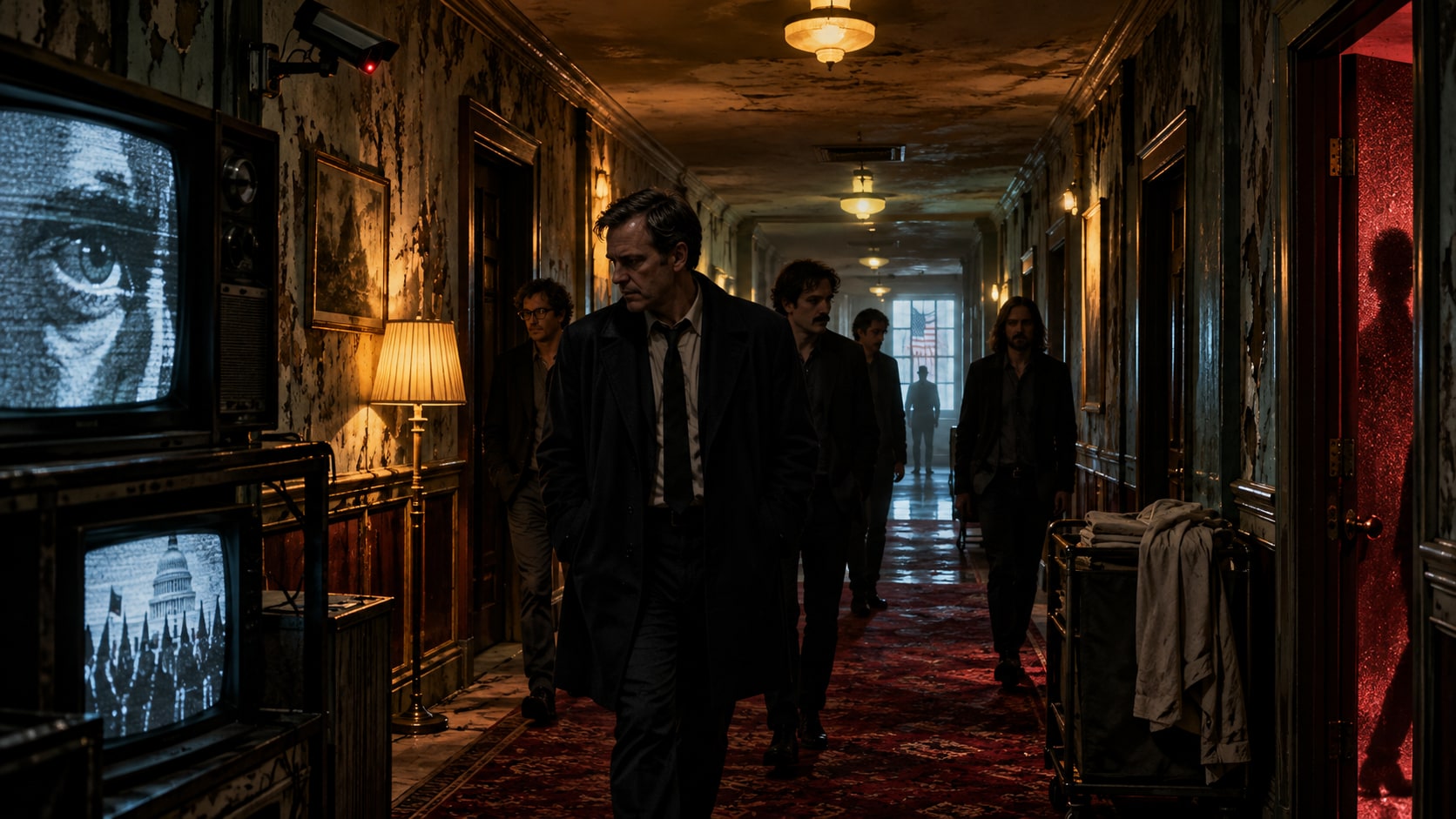 Joe Casey and members of Protomartyr walking through an eerie, decaying hotel corridor lined with vintage television monitors.