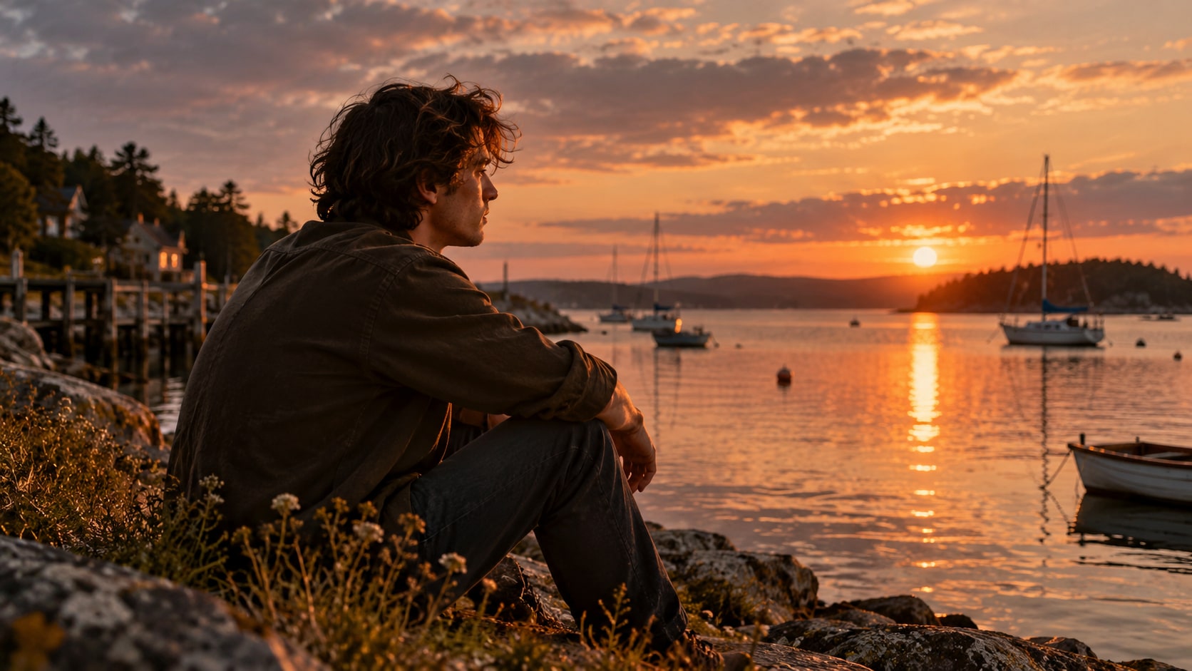 Singer-songwriter Renny Conti sitting thoughtfully on a rocky shore watching sailboats at golden hour sunset.