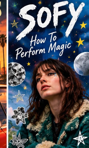 SOFY looking up under a whimsical starry night sky with hand-drawn celestial illustrations and moon artwork.