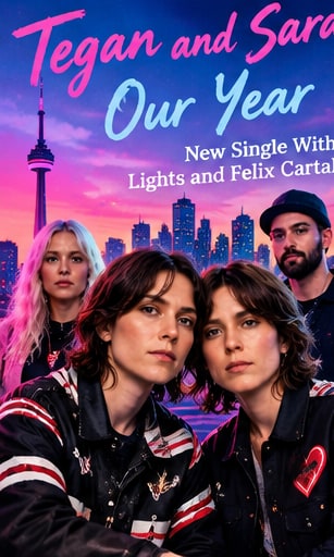Tegan and Sara Quin alongside collaborators Lights and Felix Cartal in front of a dusk skyline with the Toronto CN Tower.