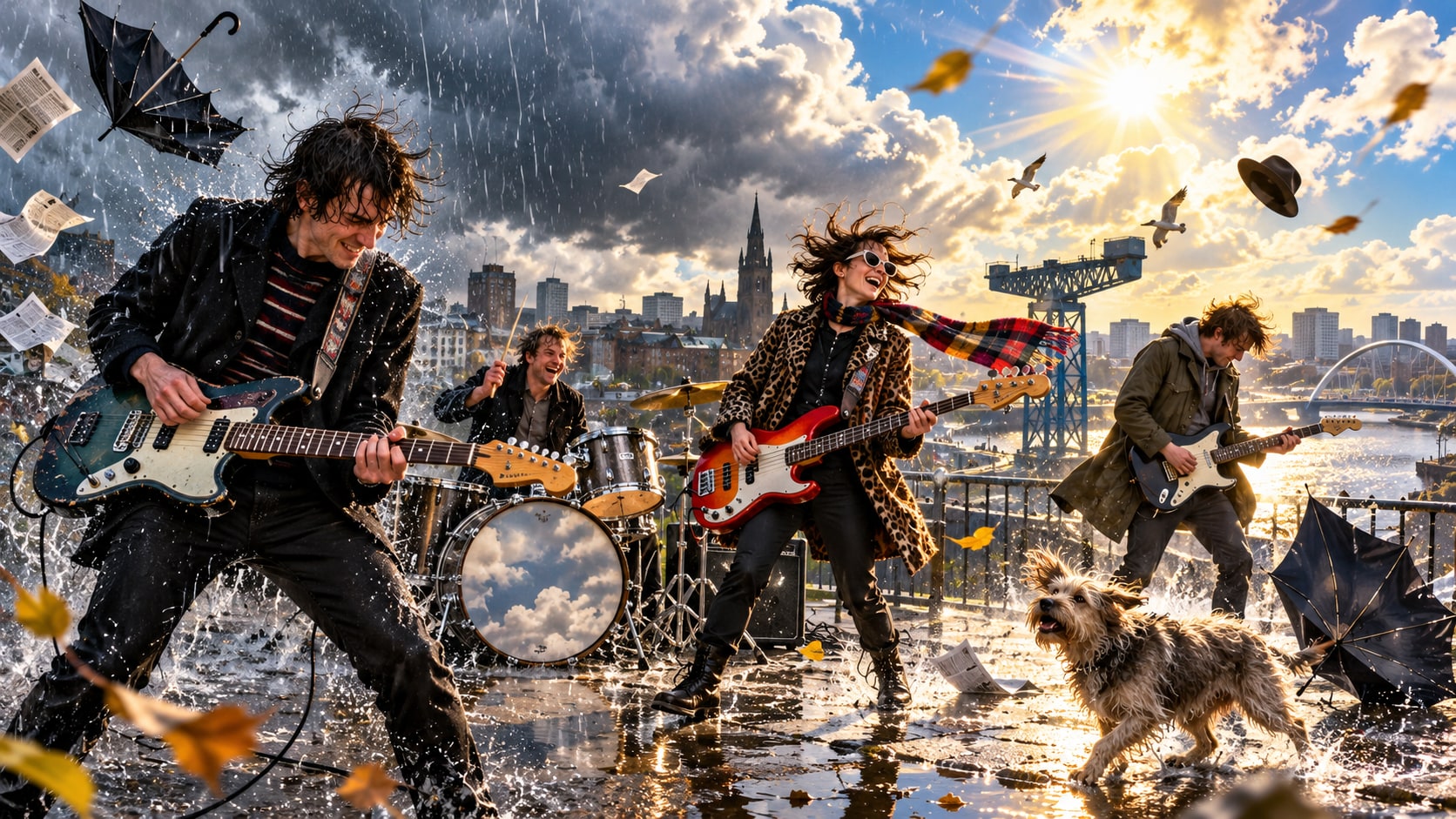 Glasgow indie group The Yummy Fur performing energetically outdoors in torrential rain and sudden sunshine beside the River Clyde.