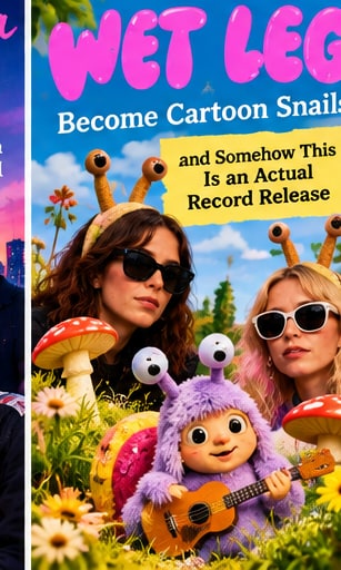 Rhian Teasdale and Hester Chambers of Wet Leg wearing snail antenna headbands beside Yukee the purple puppet snail playing ukulele in a whimsical meadow.