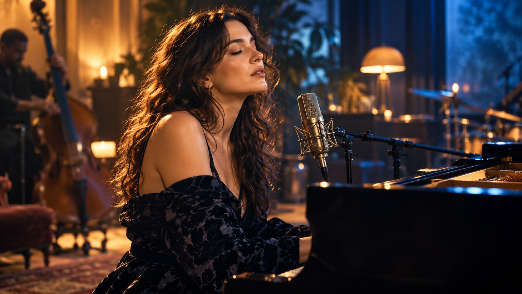 Arianna Neikrug singing into a vintage ribbon microphone while playing a grand piano in an ambient jazz studio.