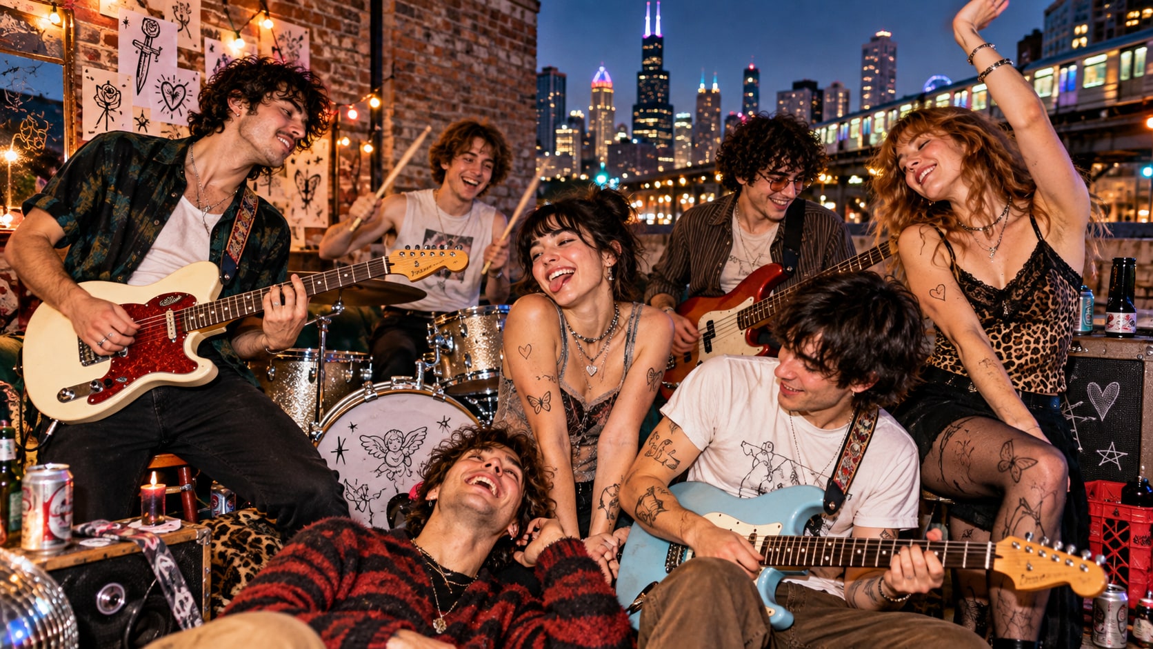 Ax and the Hatchetmen hanging out on a Chicago rooftop with guitars and stick-and-poke tattoo artwork against the skyline.