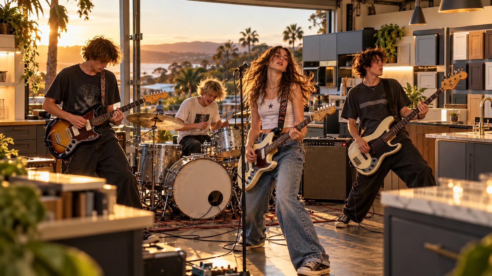 Australian teenage indie-rock band Kitchens rehearsing with electric guitars and drum kit inside a sunlit kitchen showroom.