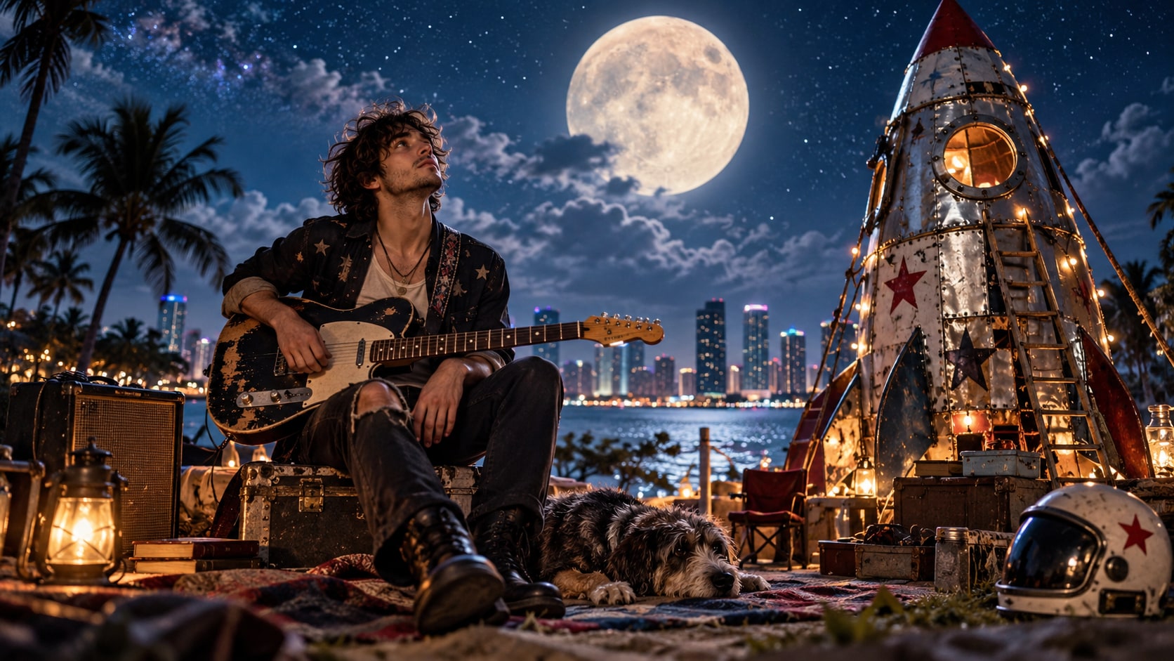 Patrick Doval sitting with an electric guitar and his dog beside a handcrafted rocket on a Miami beach under a full moon.
