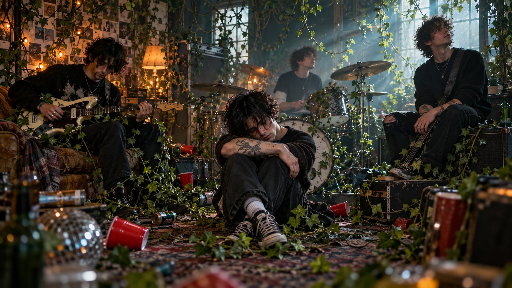 Sleep In. band members surrounded by tangled green ivy and party cups in a dimly lit alternative studio.