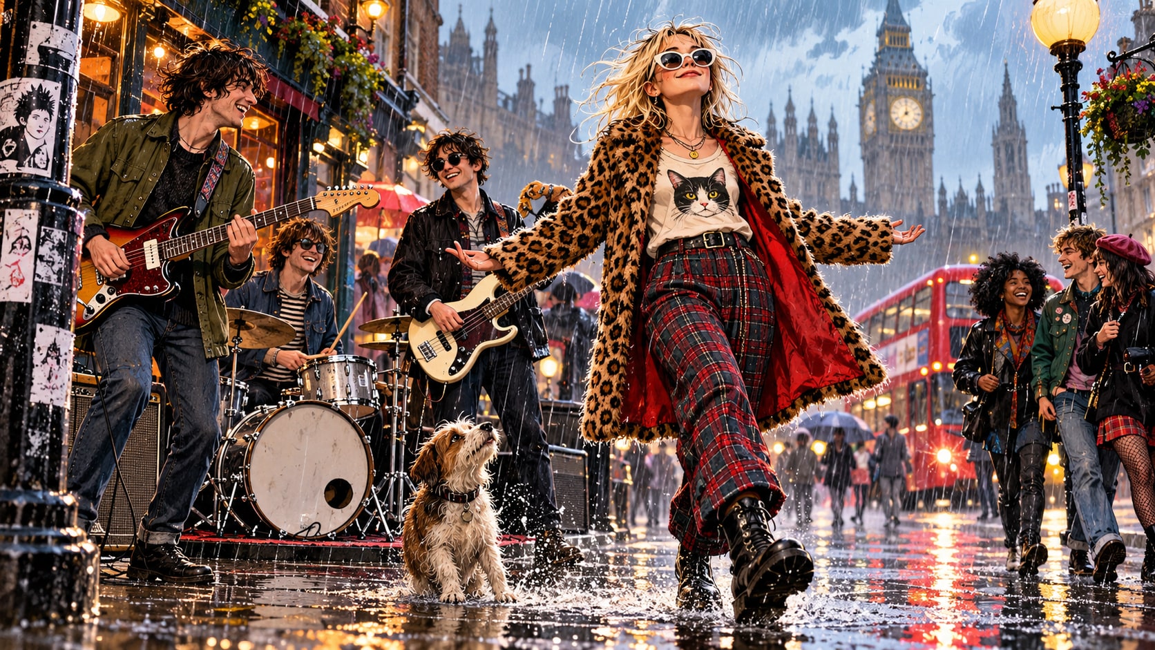 The Falls performing on a rain-slicked London street as a stylish woman in a leopard coat walks cheerfully without an umbrella.