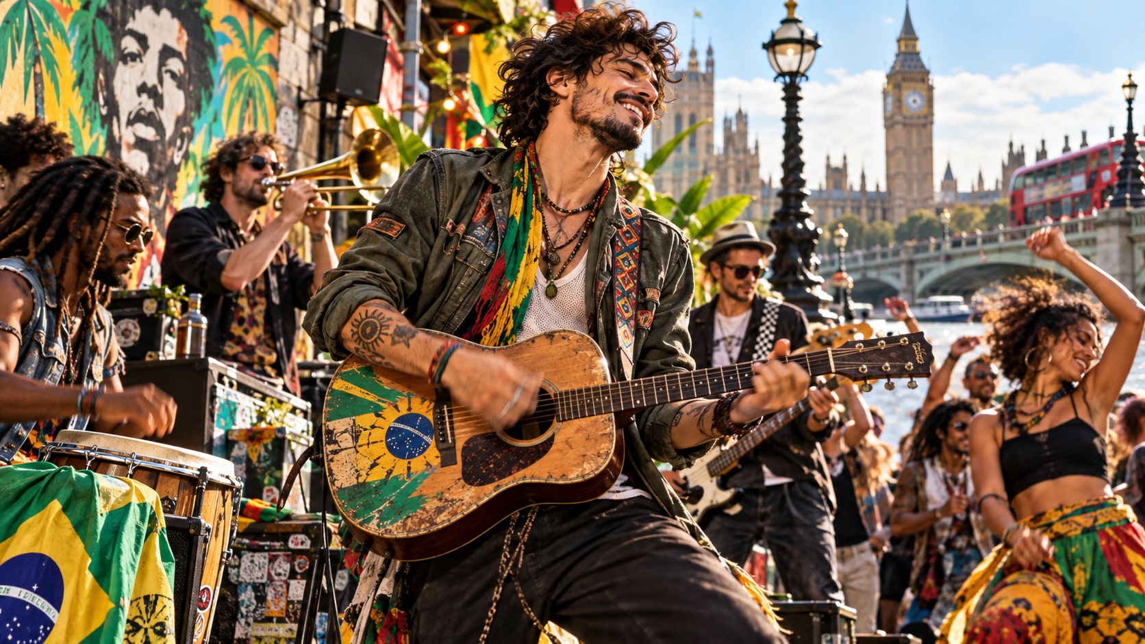 Thiago Trosso performing along the River Thames with a Brazilian-painted acoustic guitar and London's Big Ben in the background.