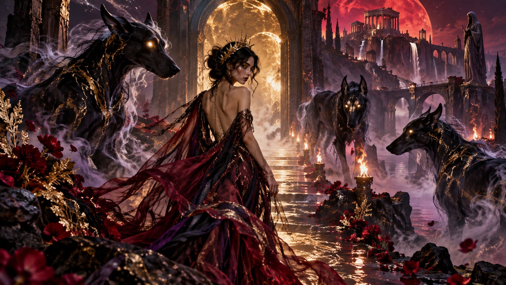 Wallgrin standing before mystical stone gates flanked by spectral glowing hounds beneath a blood moon.