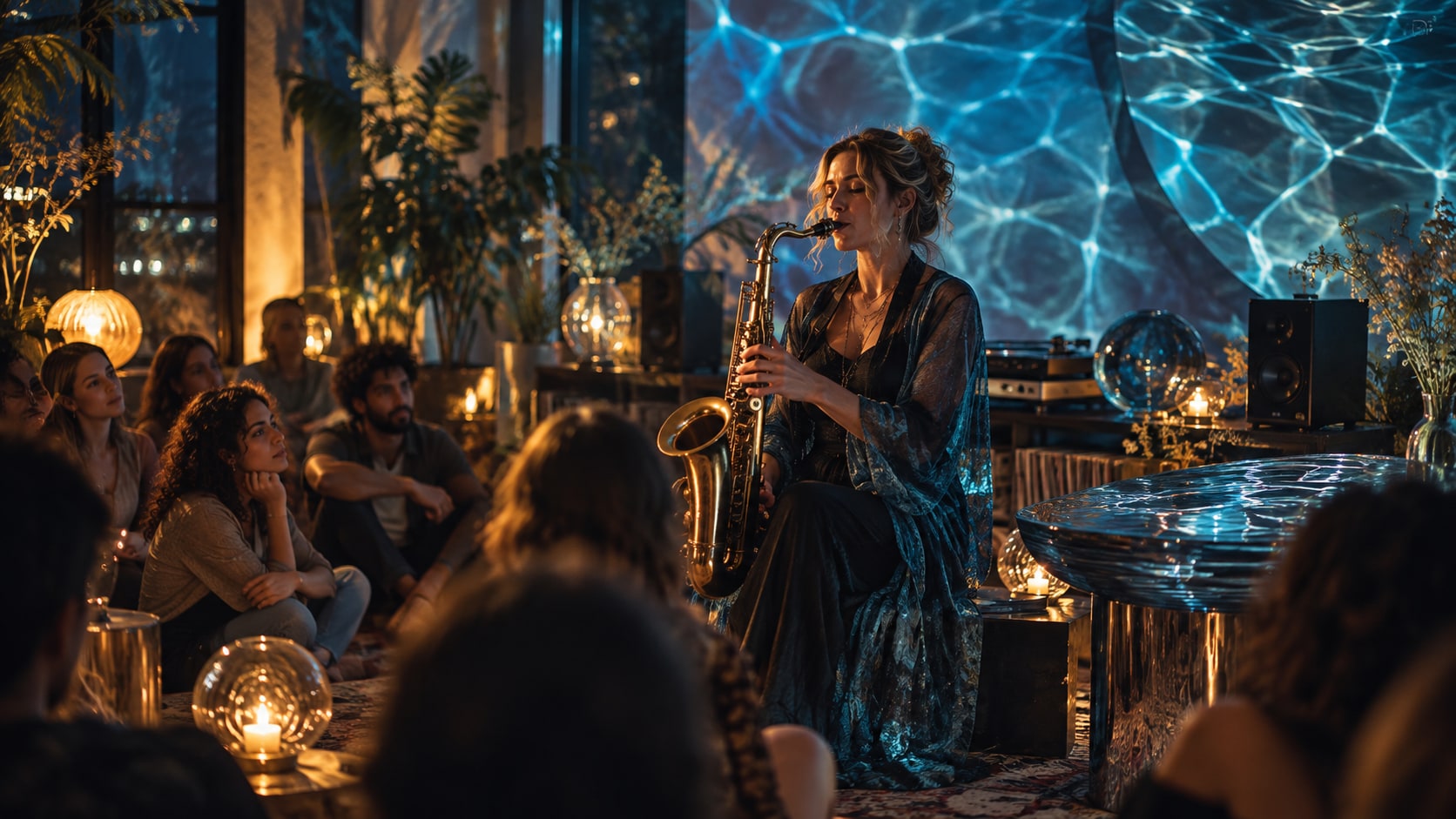 Charlotte Greve playing saxophone in an ambient studio with candle lanterns and projected water caustics.