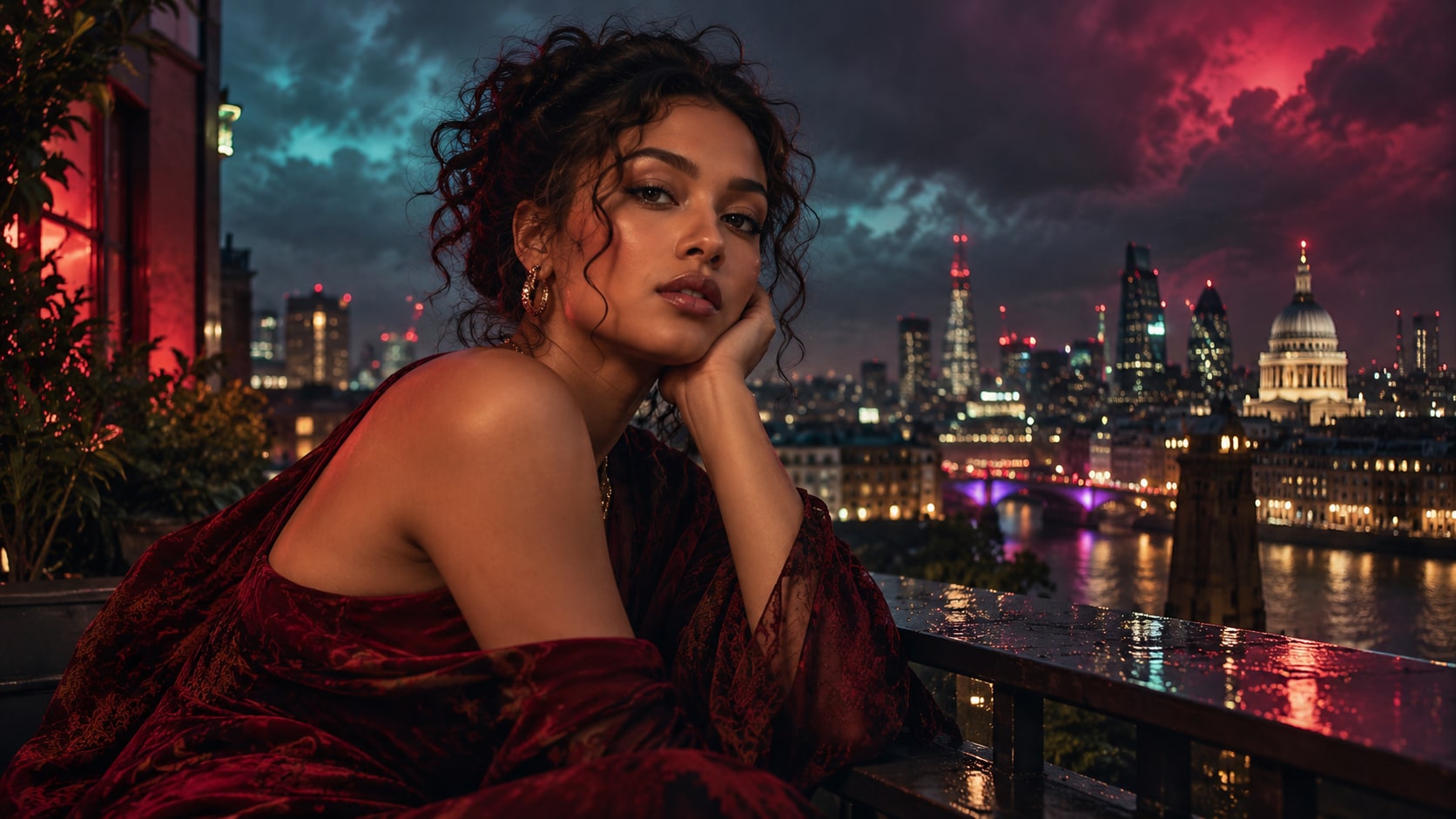 Joy Crookes looking thoughtfully over a rainy London balcony at night with illuminated city landmarks in the background.