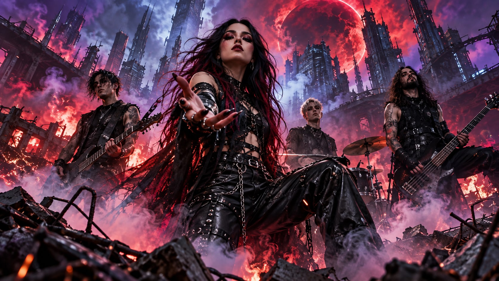 Luna Kills frontwoman and band performing in studded leather amidst fiery ruins and an apocalyptic red moon.