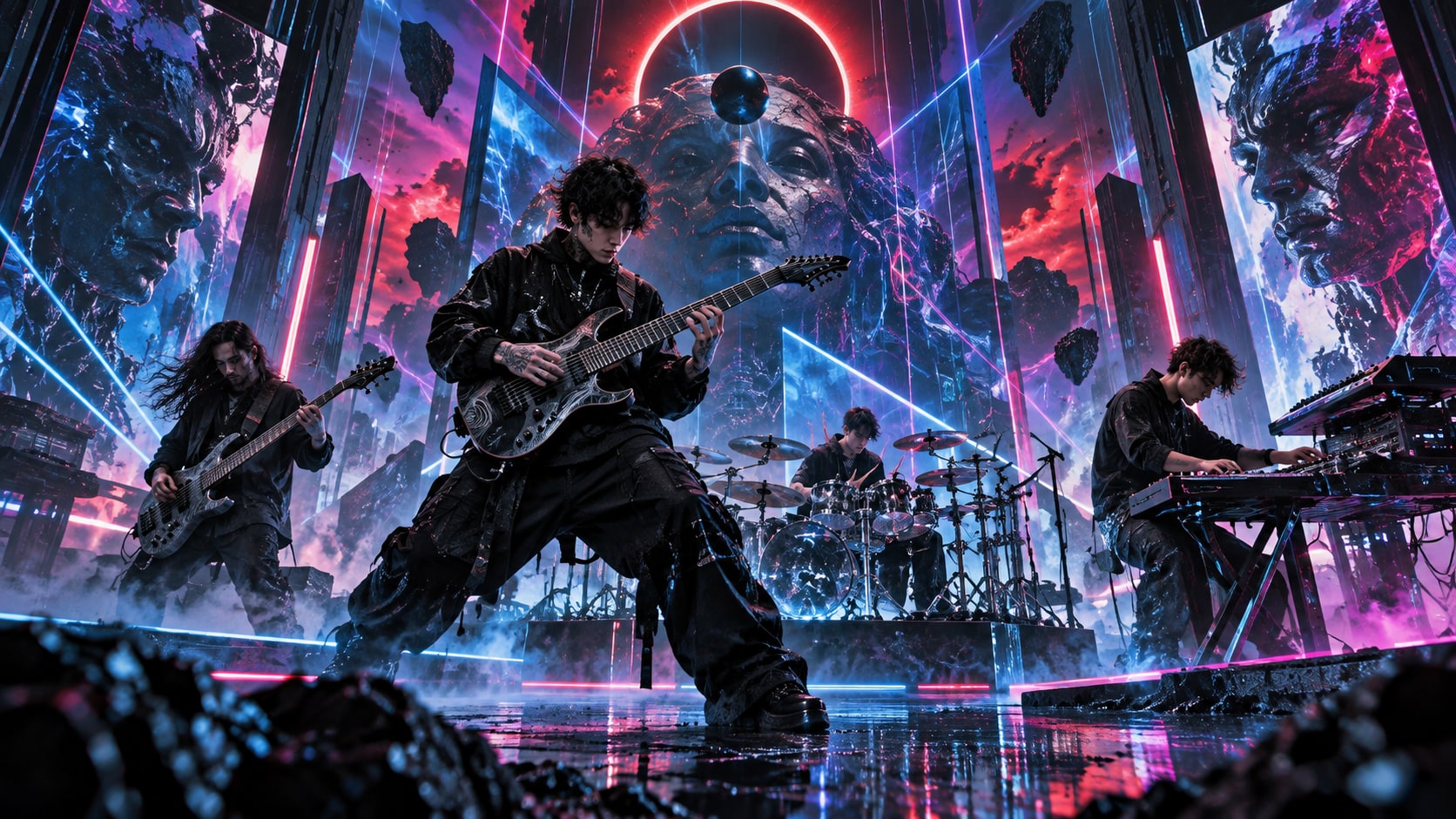 Polyphia performing on a futuristic sci-fi stage with electric guitars, glowing neon lasers, and apocalyptic digital visuals.