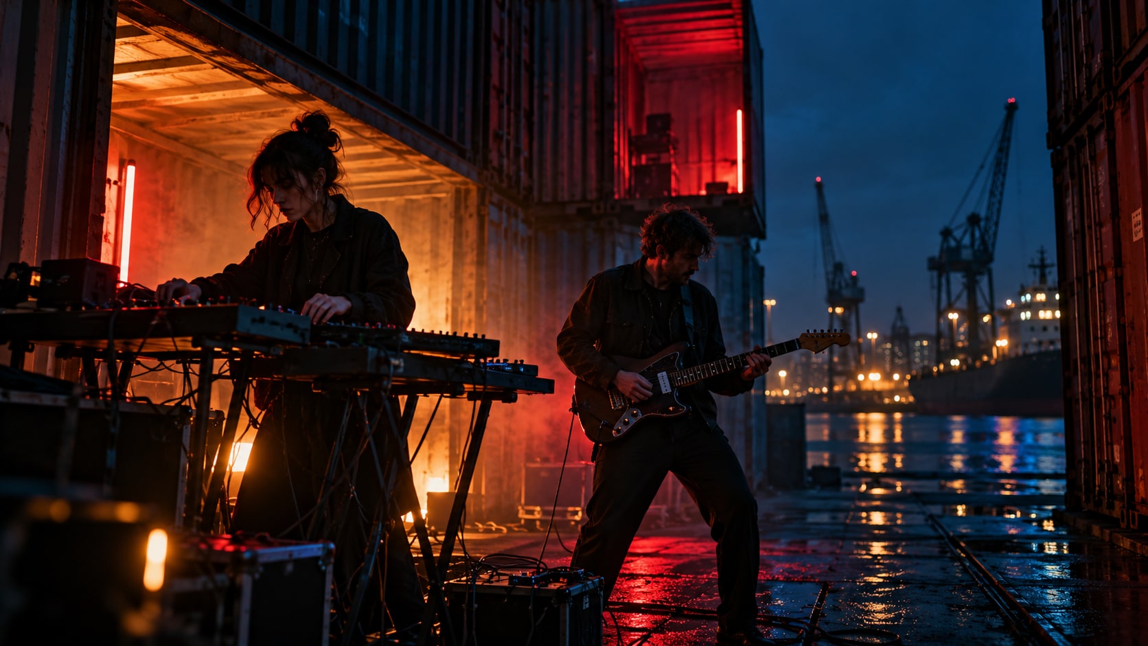 The Actions playing synthesizers and electric guitar inside illuminated harbor shipping containers at night.