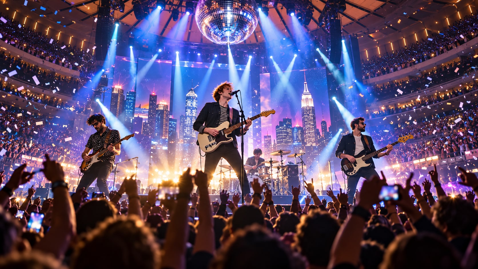 Two Door Cinema Club performing under a giant disco ball with falling confetti and glowing NYC skyline screens at Madison Square Garden.