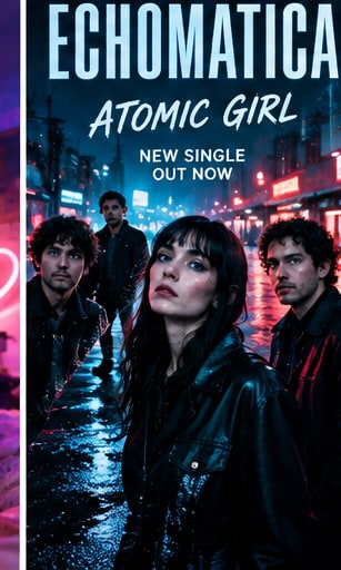 Echomatica band members in black leather jackets standing on a slick rain-soaked city street illuminated by vibrant red and blue neon signs.